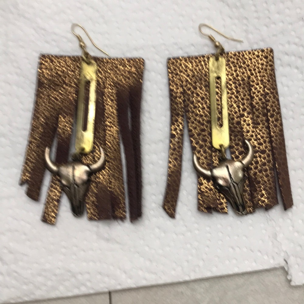 Boho Fringe Dangle Earrings with Bull Skull Charm - Brown